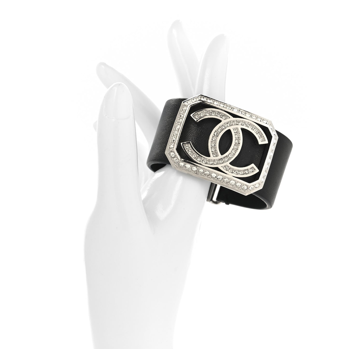 Calfskin Crystal CC Cuff Bracelet S Black