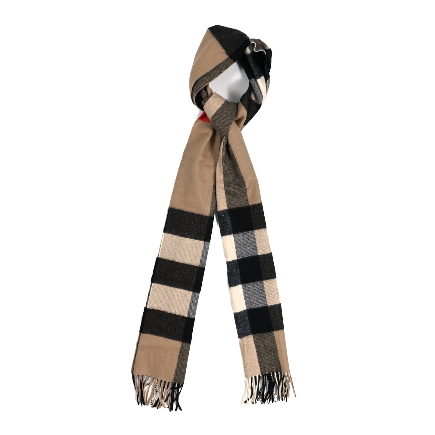 Cashmere Giant Check Fringe Scarf Camel