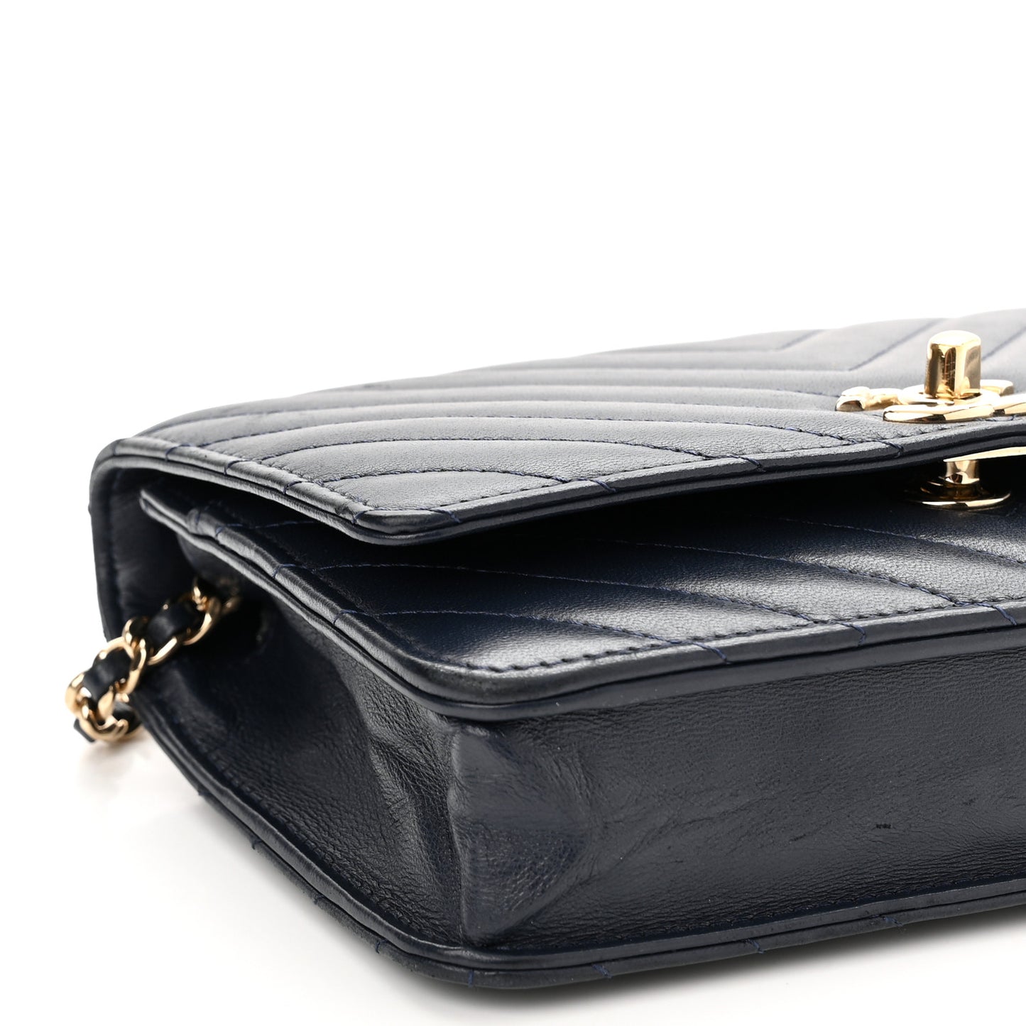 Lambskin Chevron Quilted Trendy CC Wallet On Chain WOC Dark Blue