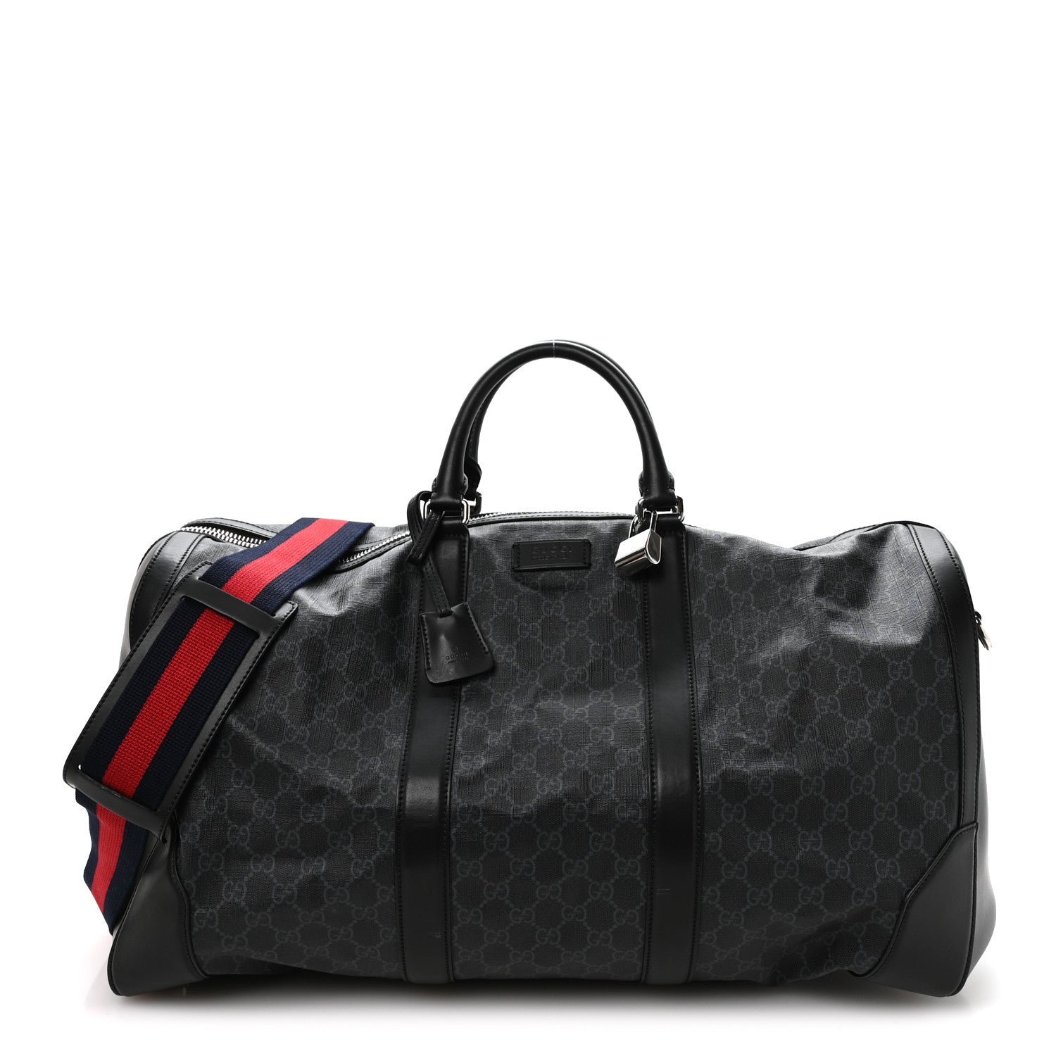Gucci Soft GG Supreme Monogram Appia Calfskin Web Large Carry On Duffle Bag Black Grey 1 of 9