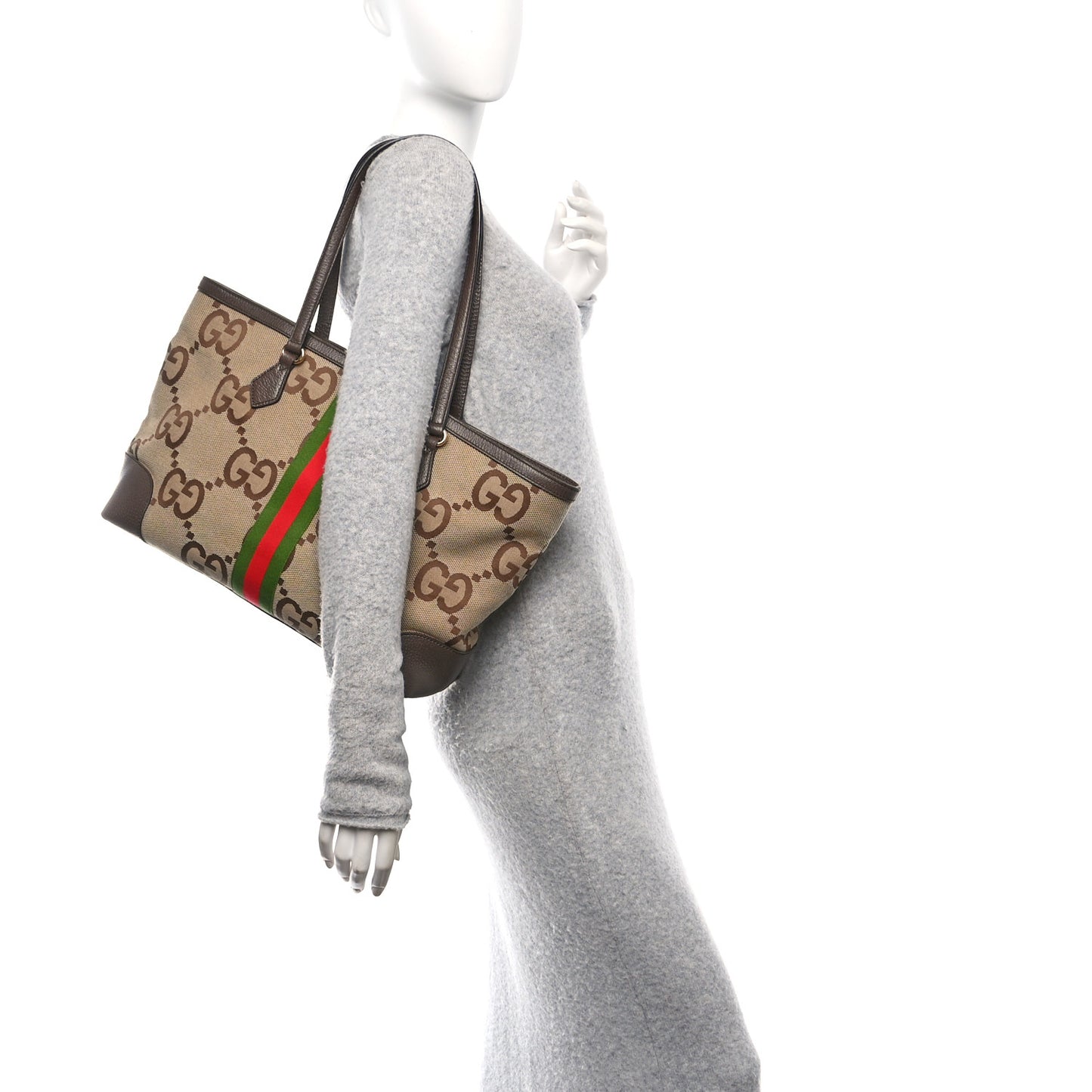 Monogram Jumbo GG Textured Dollar Calfskin Web Medium Ophidia Shopping Tote Camel Ebony