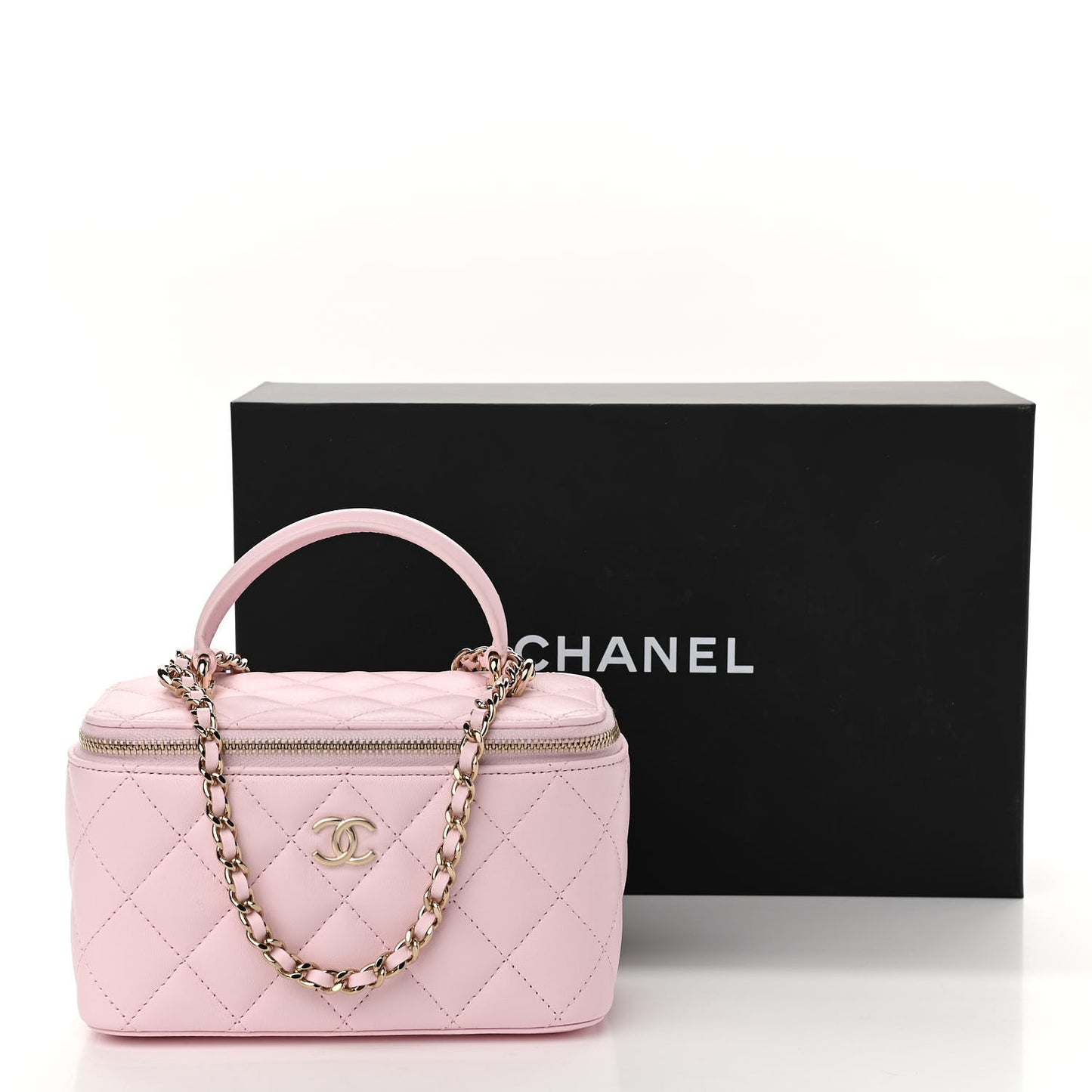 Lambskin Quilted Small Top Handle Vanity Case With Chain Light Pink