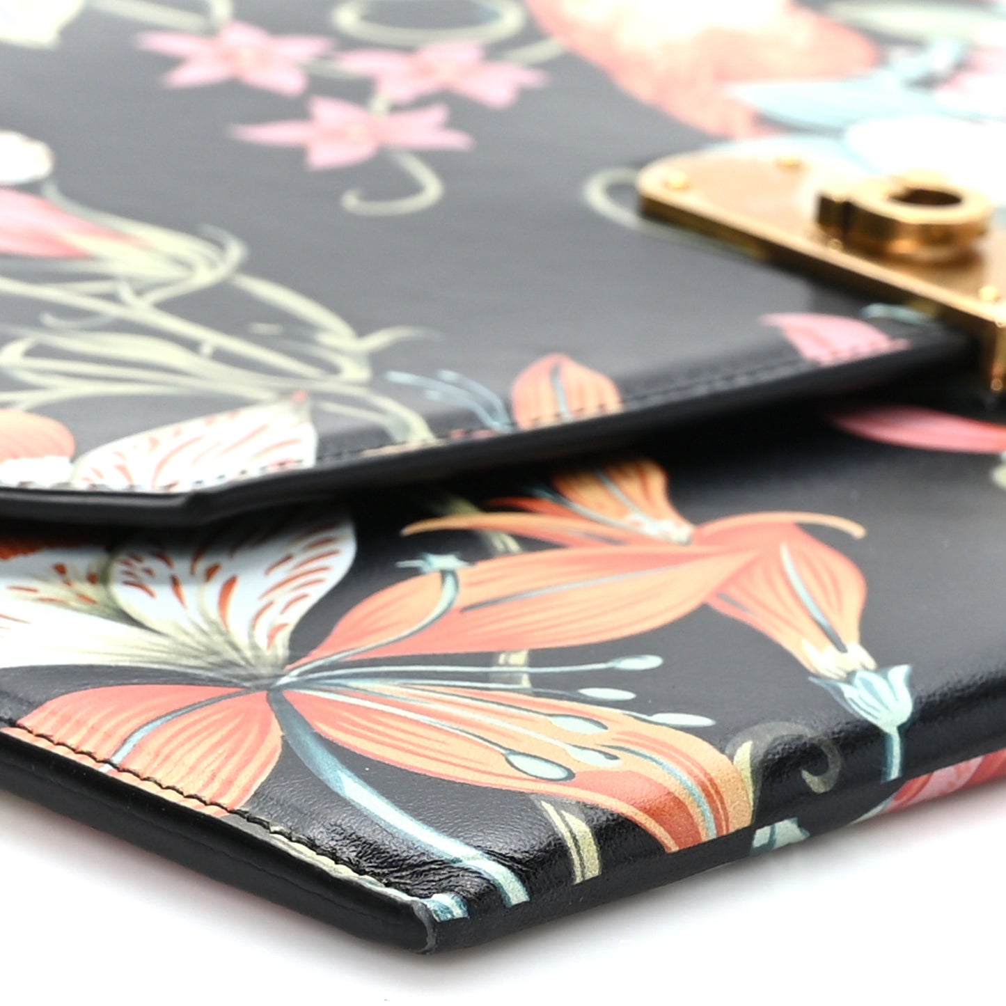 Calfskin Floral Print Clutch Black Multicolor