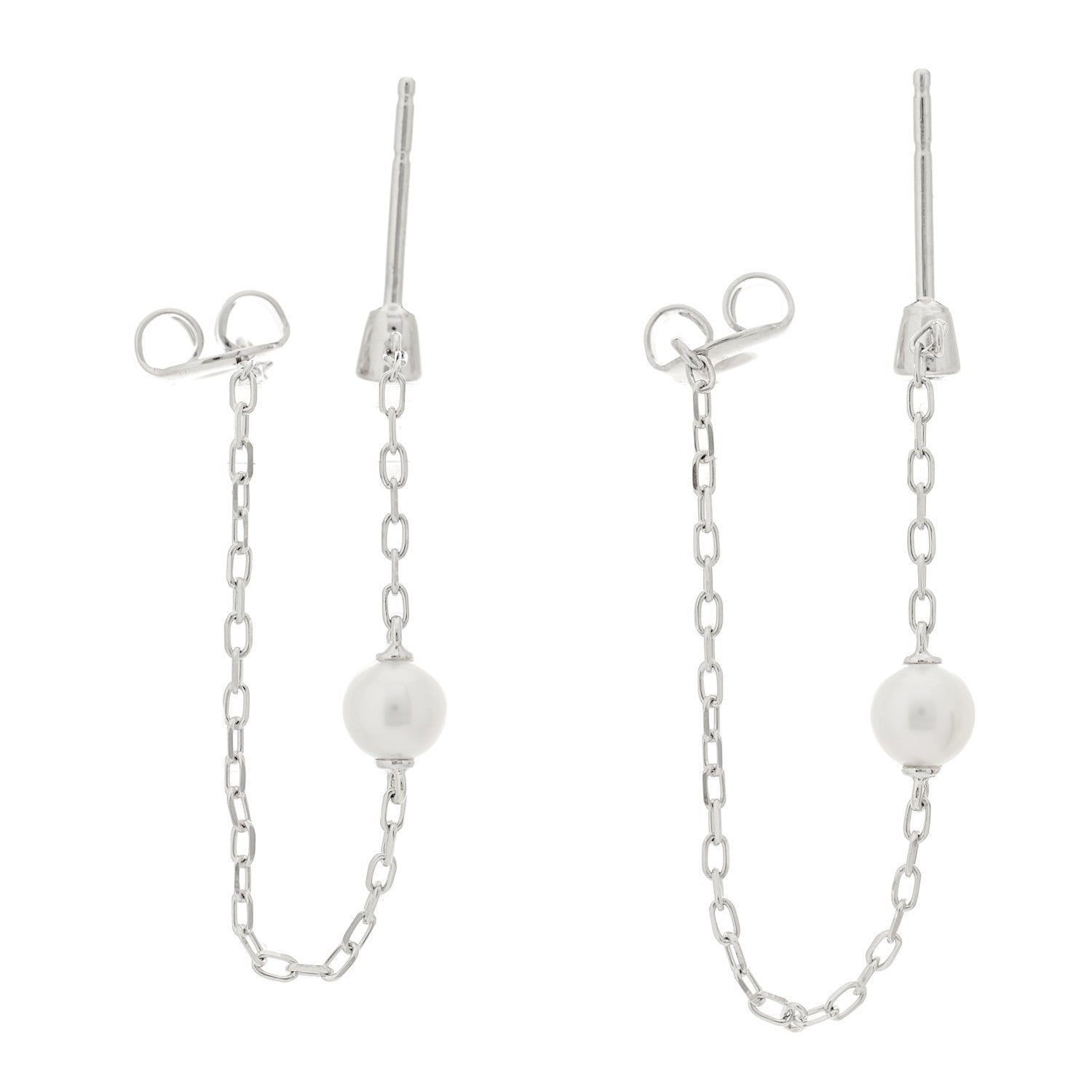 Mikimoto 18K White Gold Diamond Akoya Pearl 4.5mm Chain Earrings 3 of 5