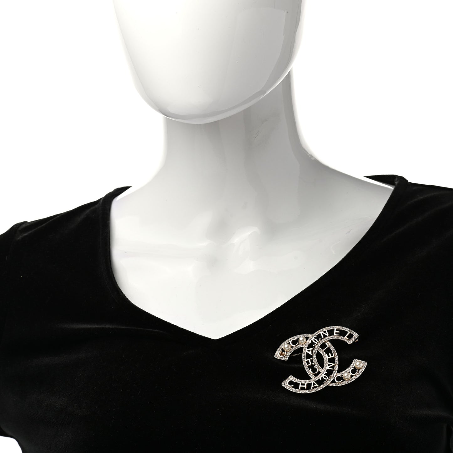 Crystal Pearl Coco CC Logo Brooch Gold