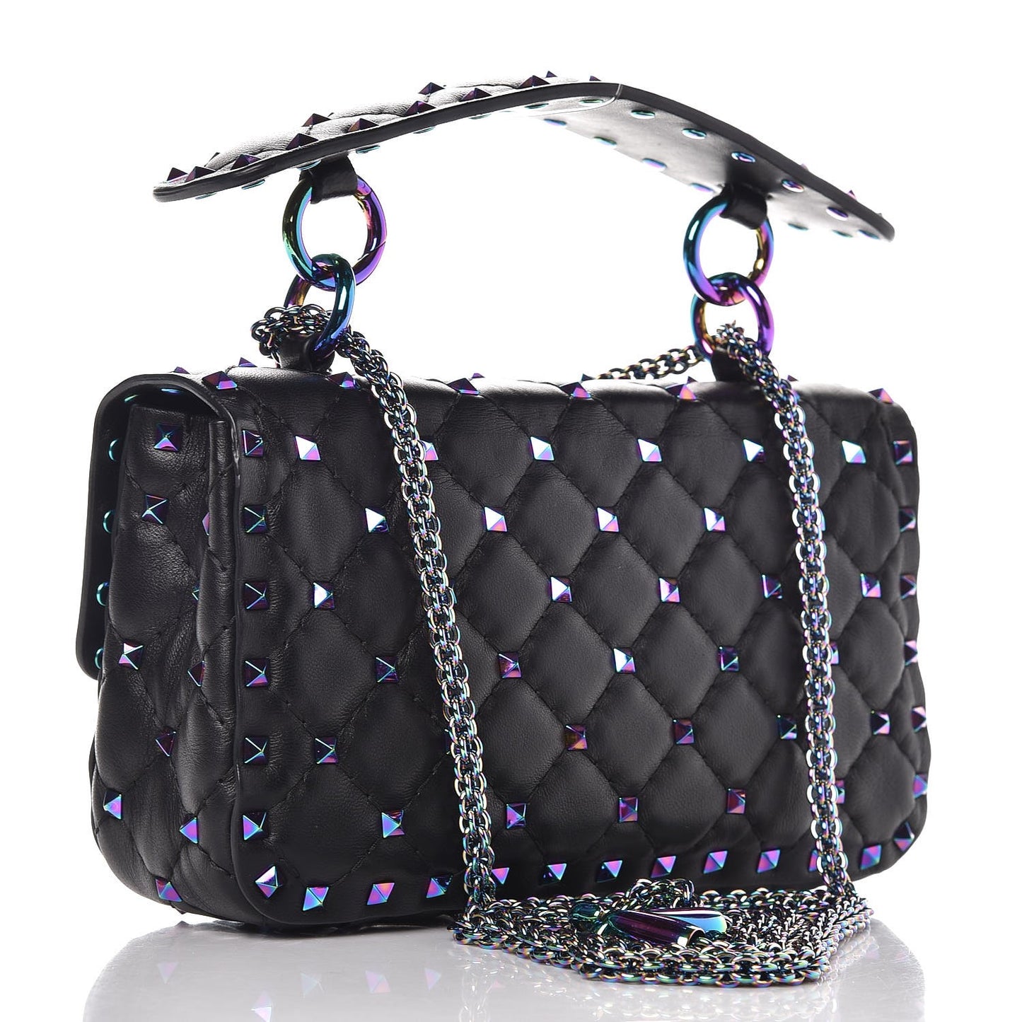 Lambskin Oil Slick Small Rockstud Spike Shoulder Bag Black