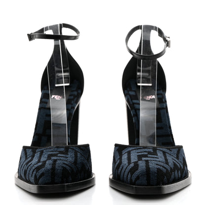 Fendi Chenille Jacquard FF Cut Baguette Ankle Strap 105mm Pumps 38 Black Blue 2 of 8