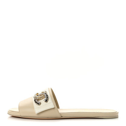 Chanel Lambskin Pearl Crystal CC Mules Sandals 36 Light Beige White 1 of 11