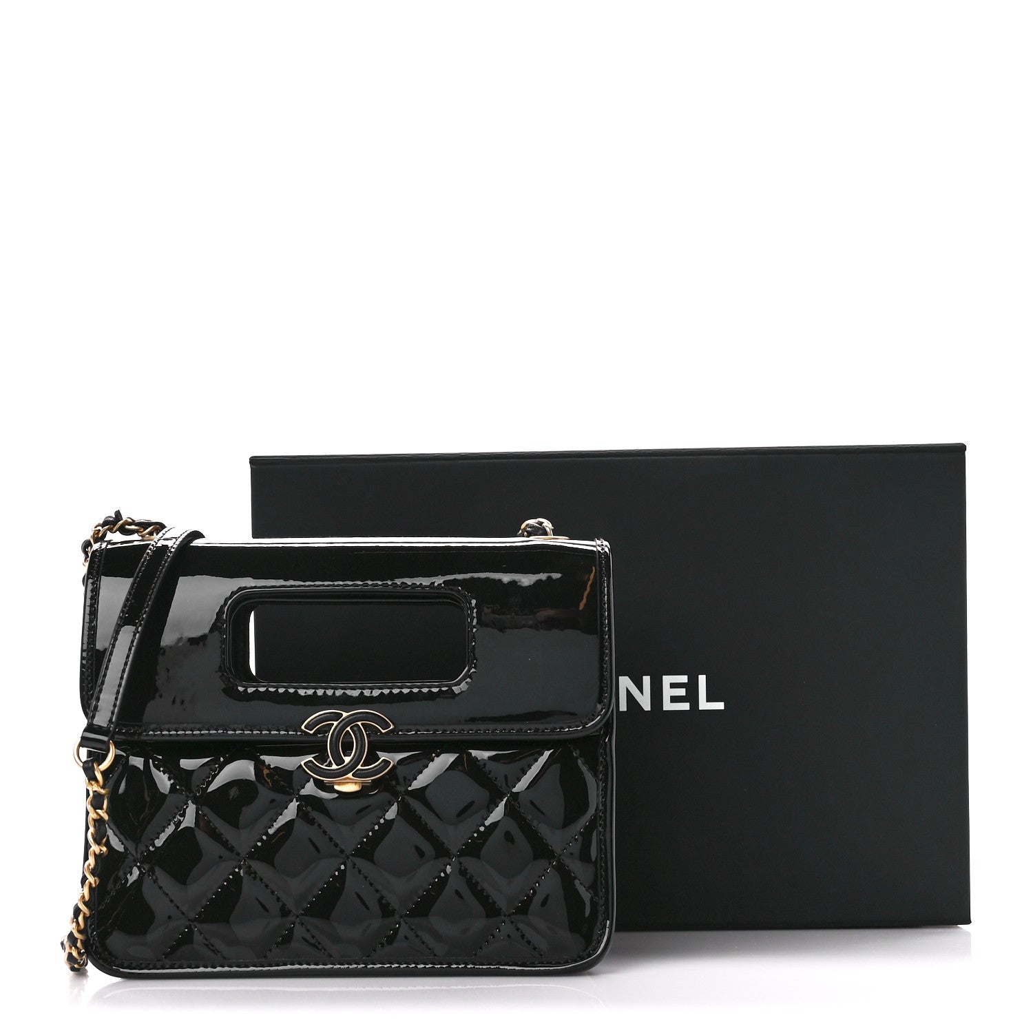 Chanel Patent Quilted Mini Graphic Catch Flap Black 13 of 13