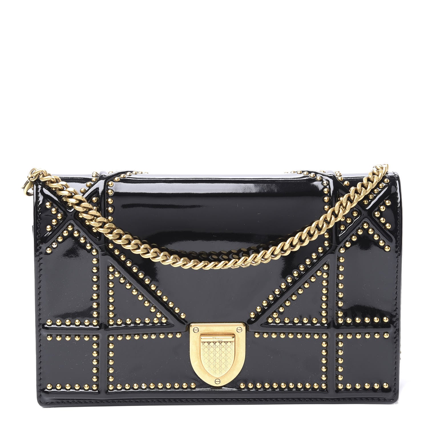 Christian Dior Patent Studded Diorama Wallet on Chain Pouch Black 1 of 10
