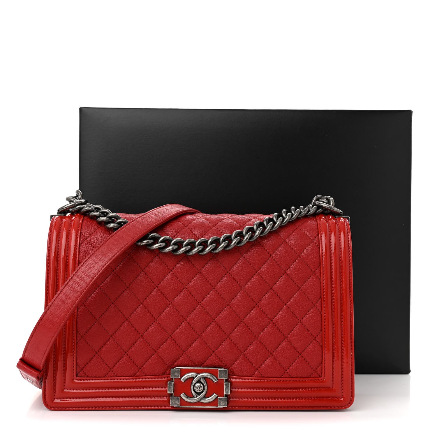 Chanel Goatskin Patent Quilted New Medium Boy Flap Red 15 of 15