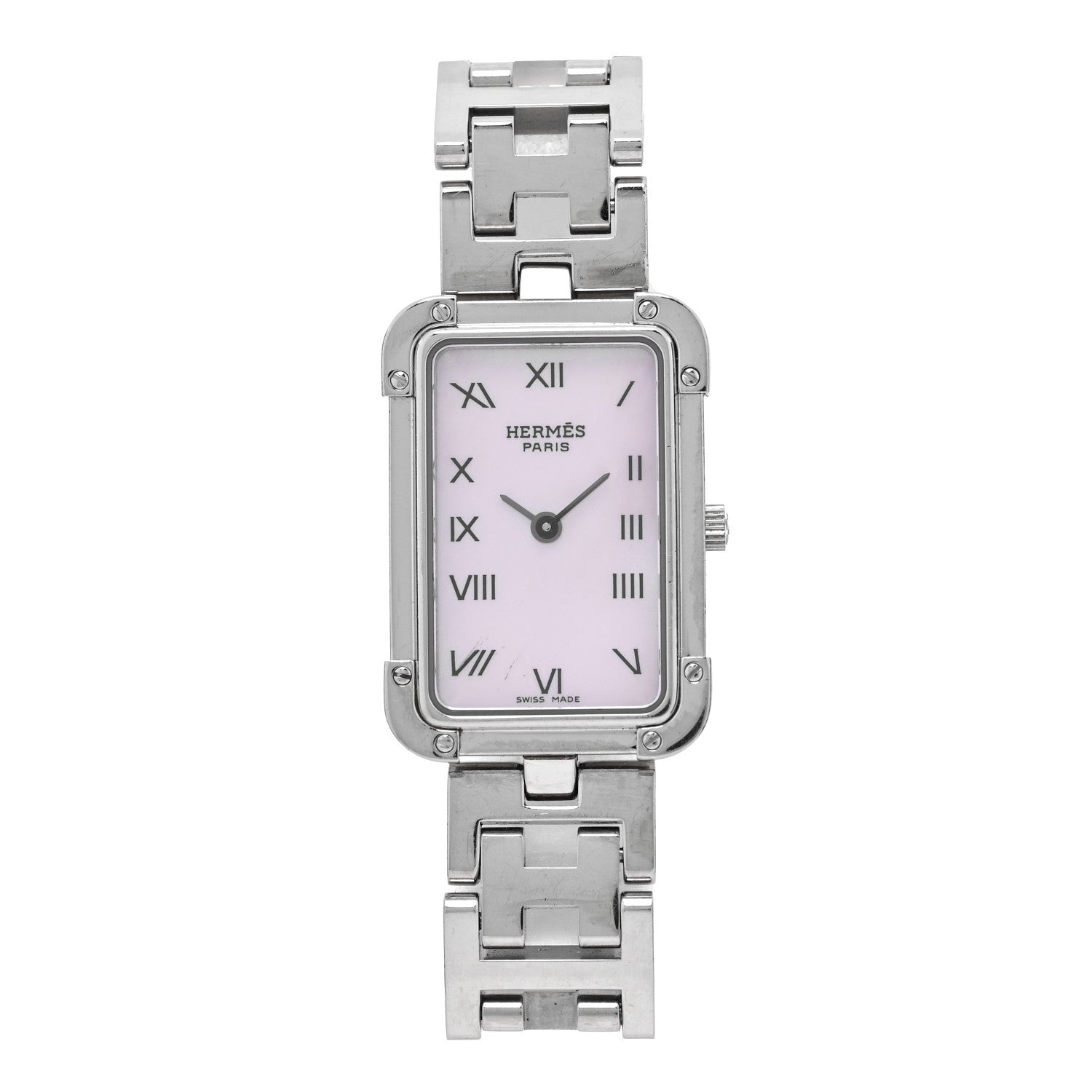 Hermes Stainless Steel Pink Mother of Pearl 18mm Rectangle Croisiere Quartz Watch 1 of 5