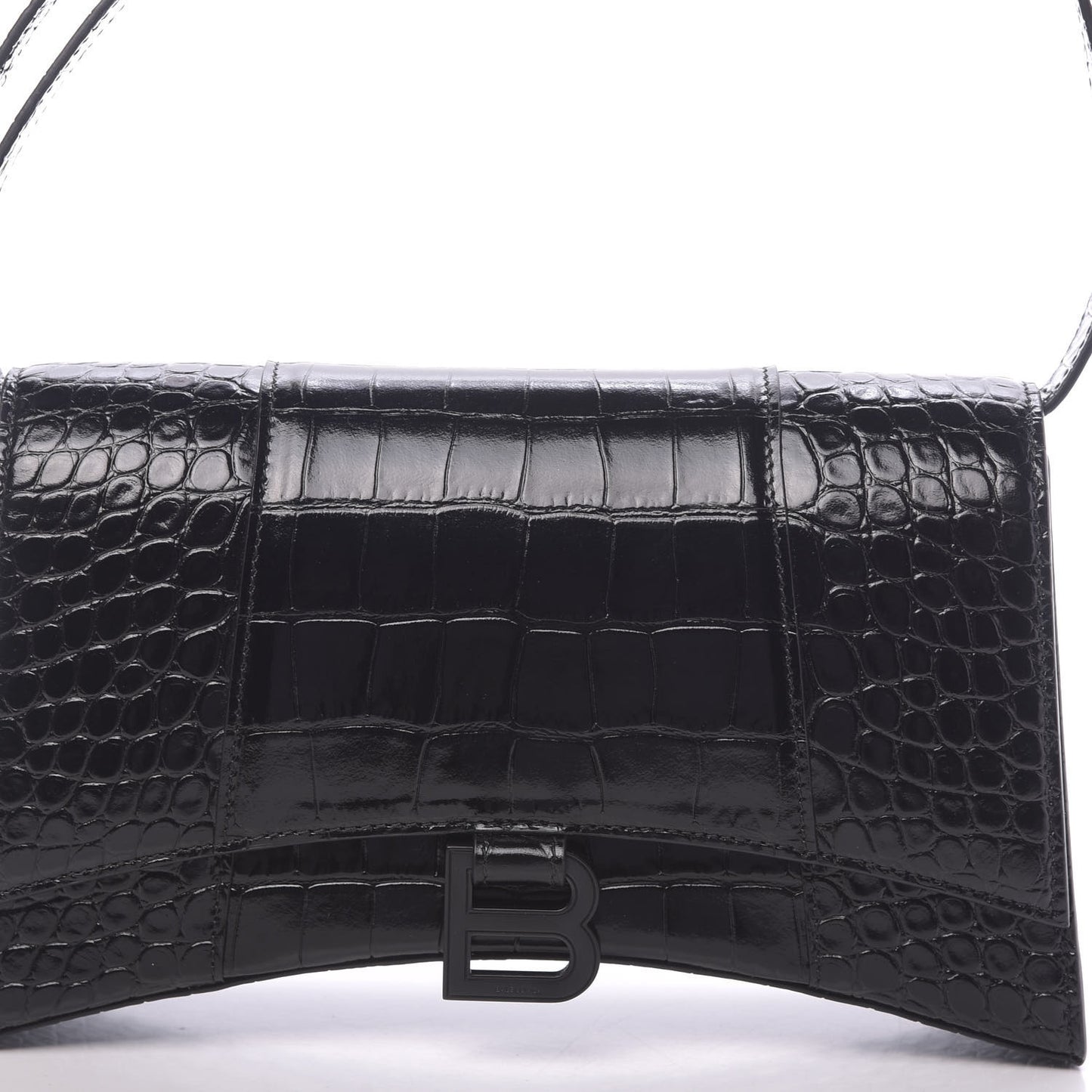 Shiny Calfskin Monochrome Crocodile Embossed Small Hourglass Sling Shoulder Bag Black