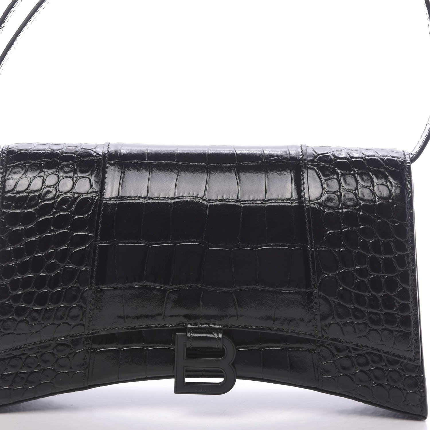 Balenciaga Shiny Calfskin Monochrome Crocodile Embossed Small Hourglass Sling Shoulder Bag Black 9 of 9