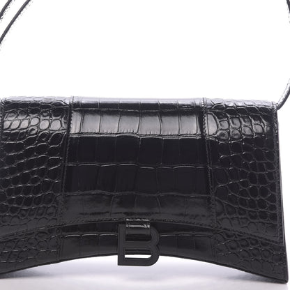 Balenciaga Shiny Calfskin Monochrome Crocodile Embossed Small Hourglass Sling Shoulder Bag Black 9 of 9