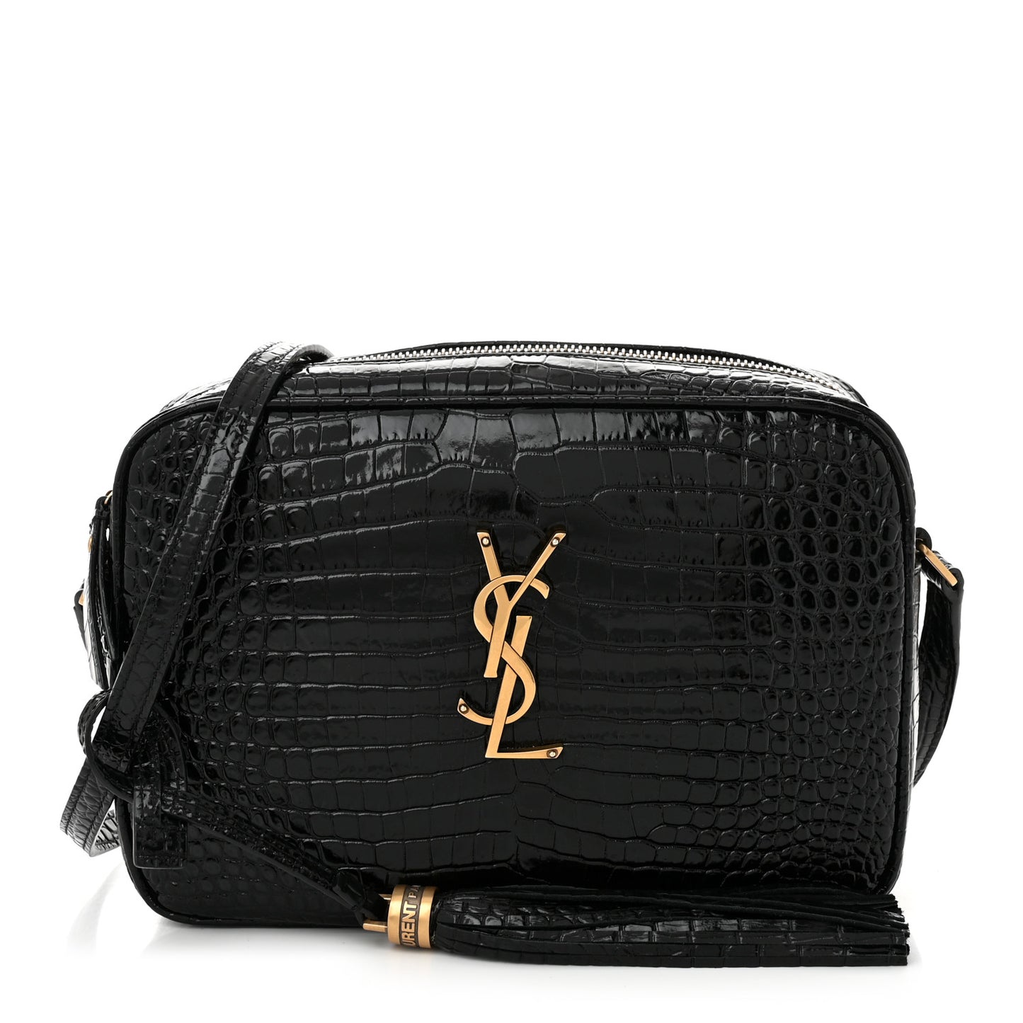 Patent Calfskin Crocodile Embossed Monogram Lou Camera Bag Black