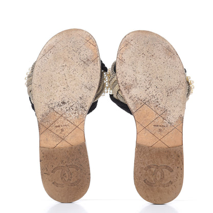 Chanel Lambskin Pearl Cord CC Mules 38 Black Beige 5 of 9
