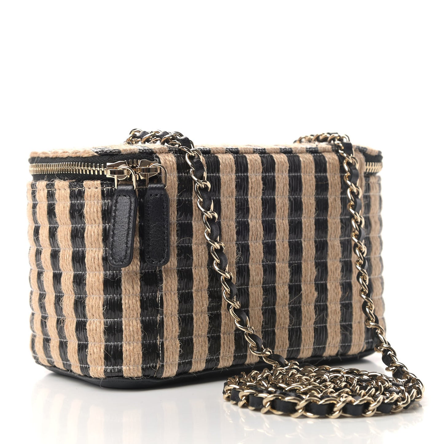Raffia Jute Striped Small Vanity Case With Chain Black Beige