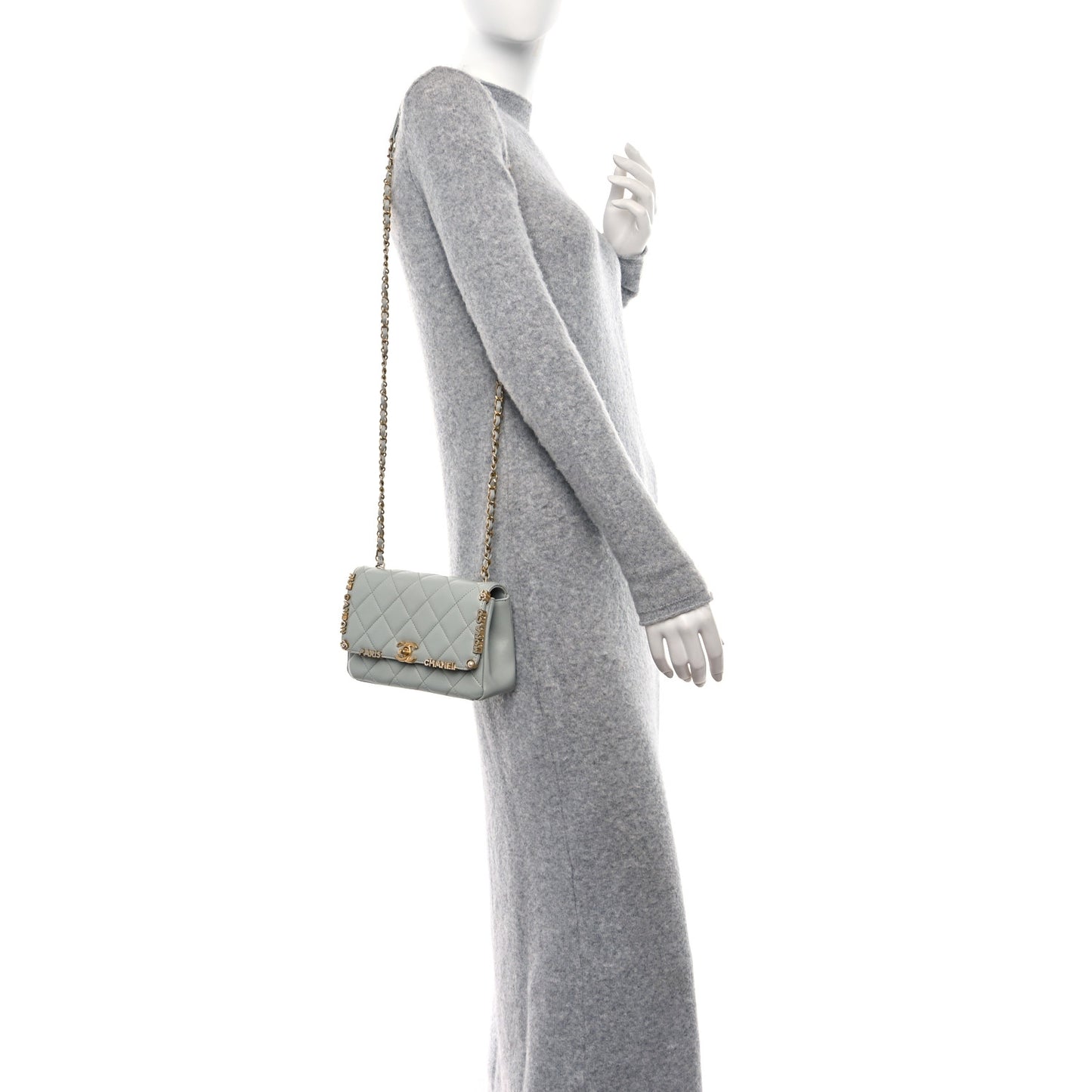 Lambskin Enamel Strass Quilted Mini Paris Monaco Flap Light Grey