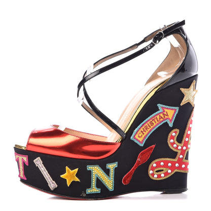 Christian Louboutin Patent Loubi Zeppa 140 Wedges 38.5 Black Red 1 of 20
