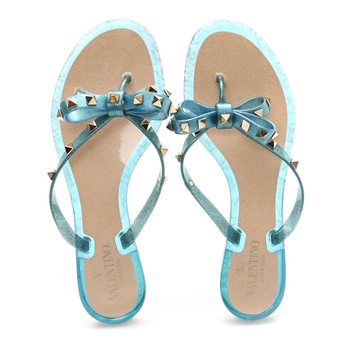 PVC Jelly Glitter Rockstud Bow Thong Sandals 40 Cerulean