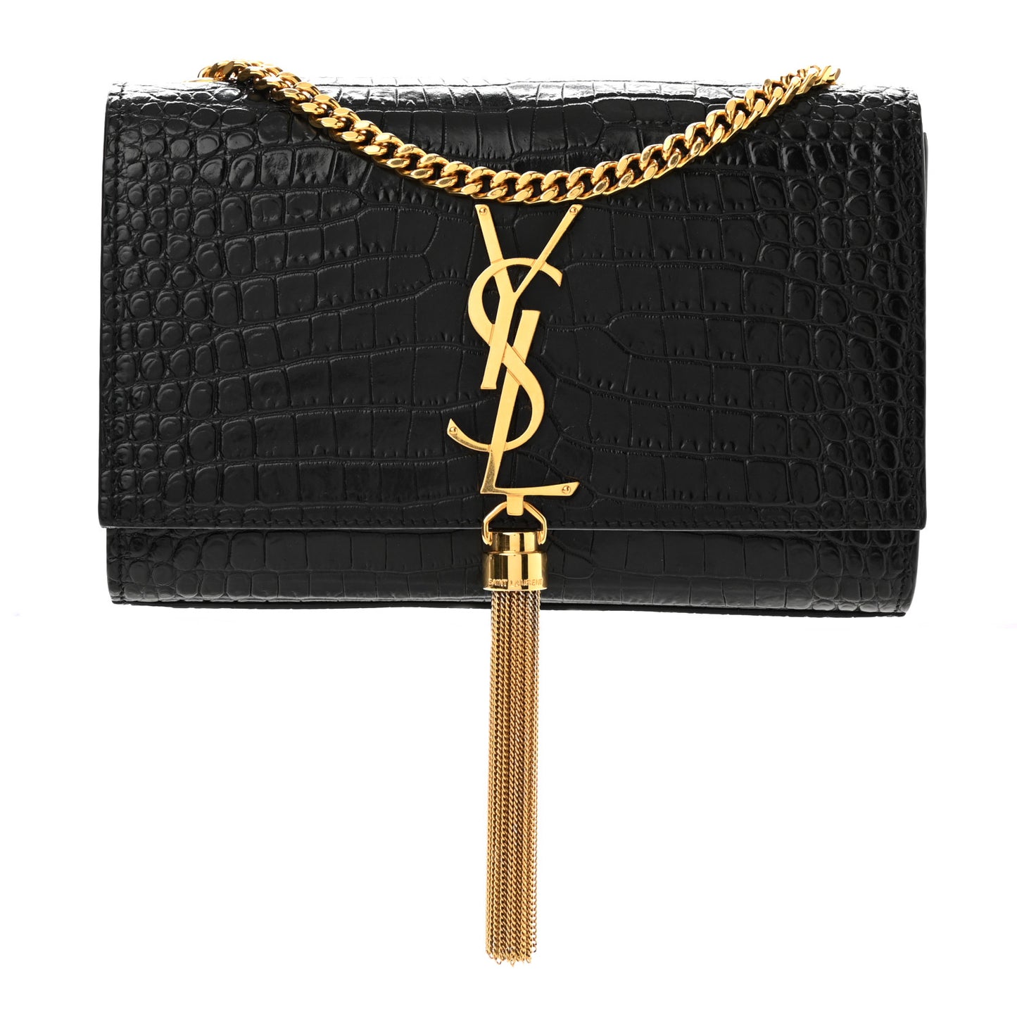 Calfskin Crocodile Embossed Small Classic Monogram Kate Tassel Satchel Black
