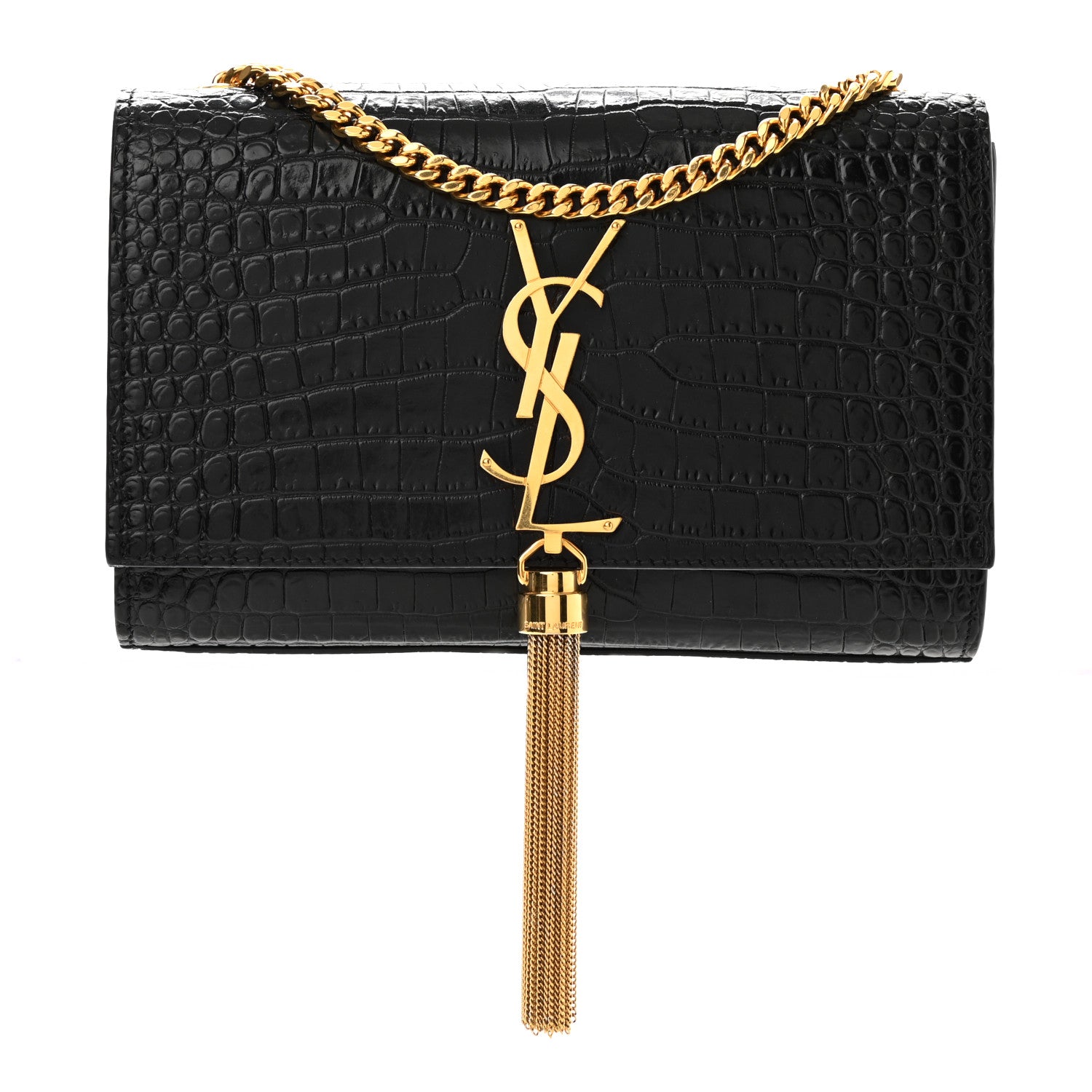 Saint Laurent Calfskin Crocodile Embossed Small Classic Monogram Kate Tassel Satchel Black 1 of 10