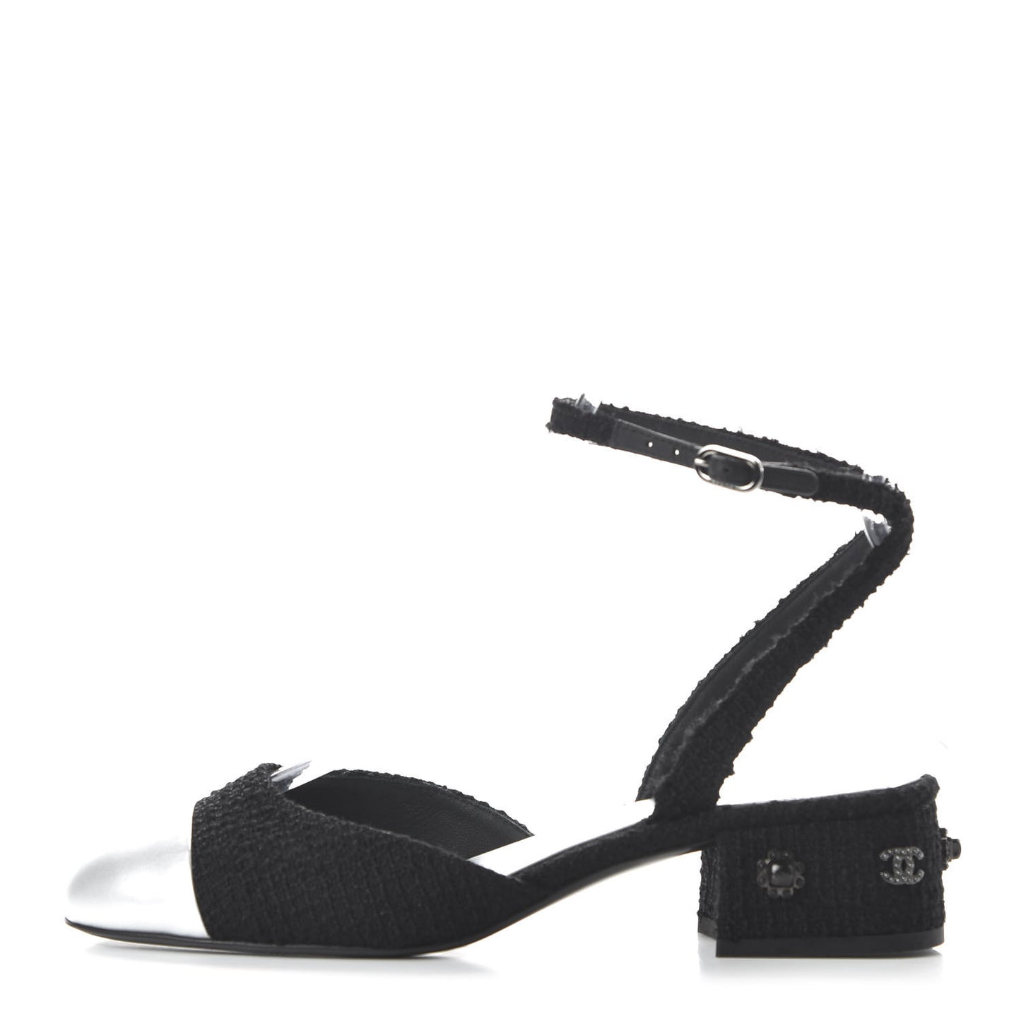 Tweed Iridescent Calfskin Cap Toe CC Slingback Pumps 38 Black Silver