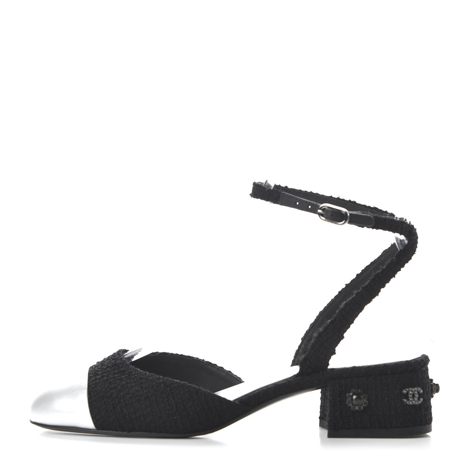 Chanel Tweed Iridescent Calfskin Cap Toe CC Slingback Pumps 38 Black Silver 1 of 11