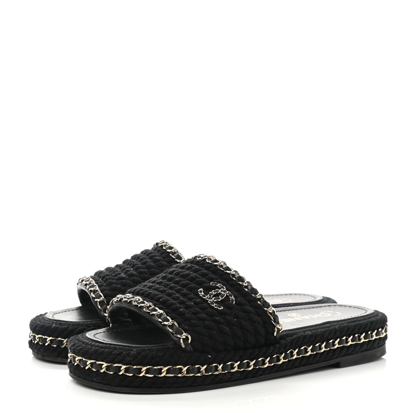 Cord Braided Chain Slide Sandals 37 Black