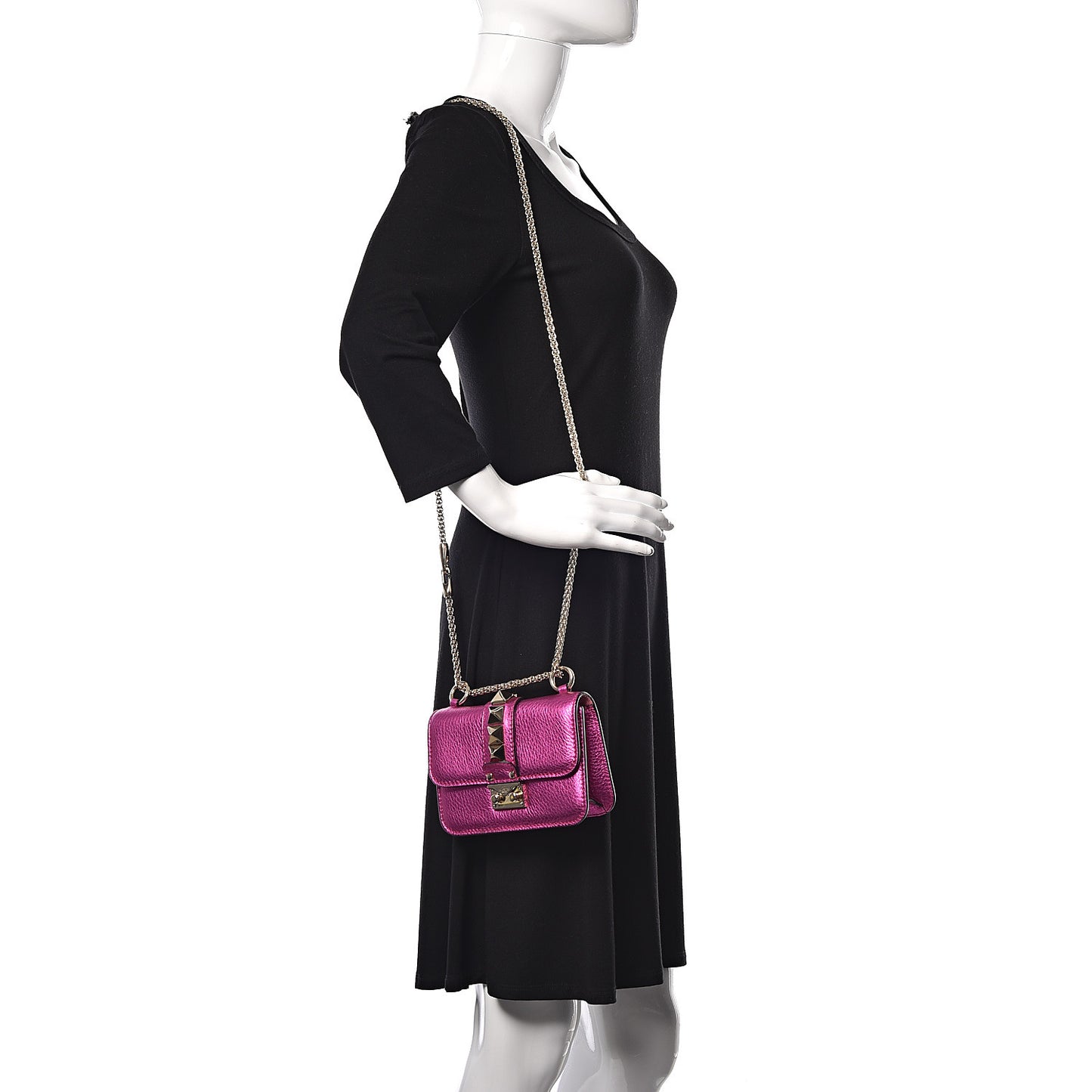 Metallic Pebbled Calfskin Mini Glam Lock Rockstud Flap Peony