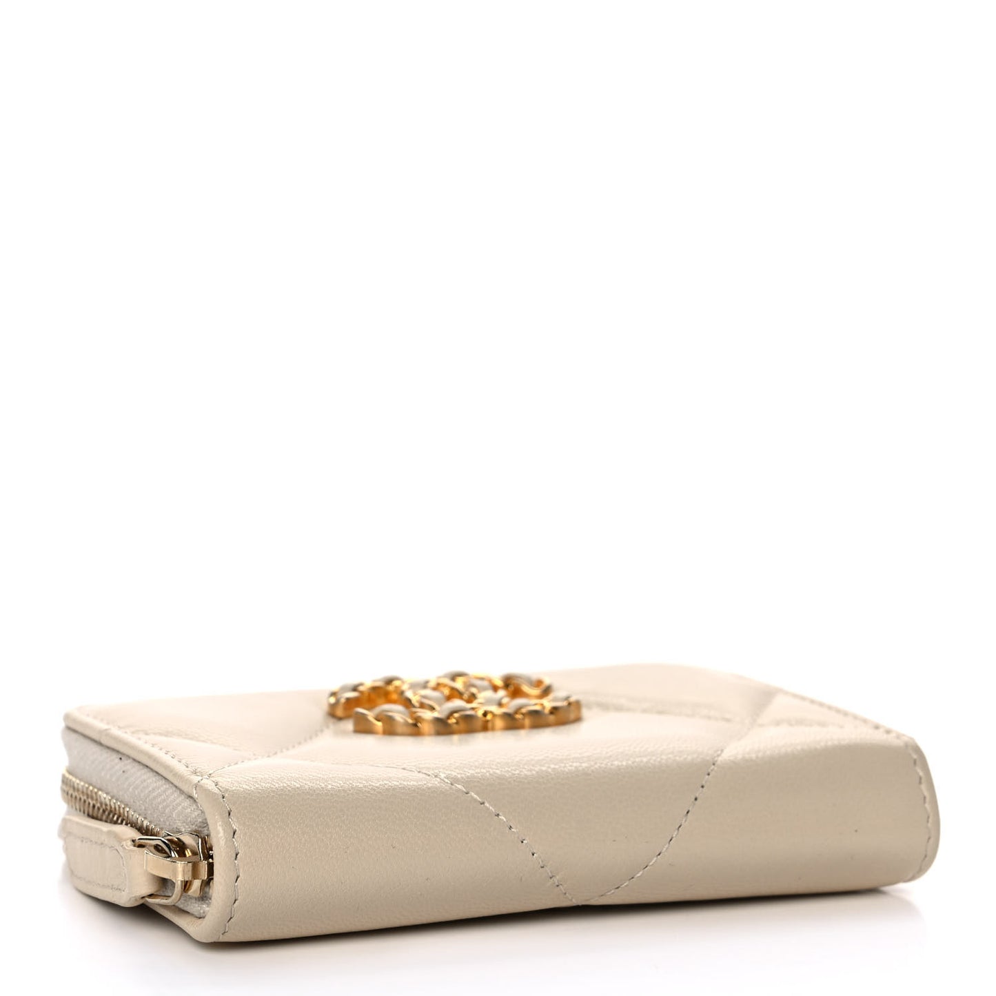 Goatskin Quilted Chanel 19 Zip Around Coin Purse Wallet Beige