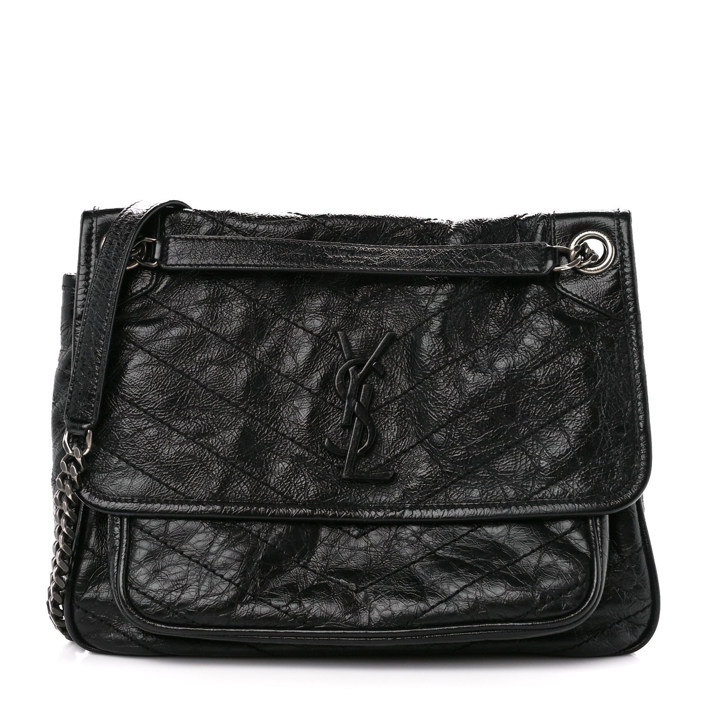 Crinkled Calfskin Matelasse Monogram Medium Niki Chain Satchel Black