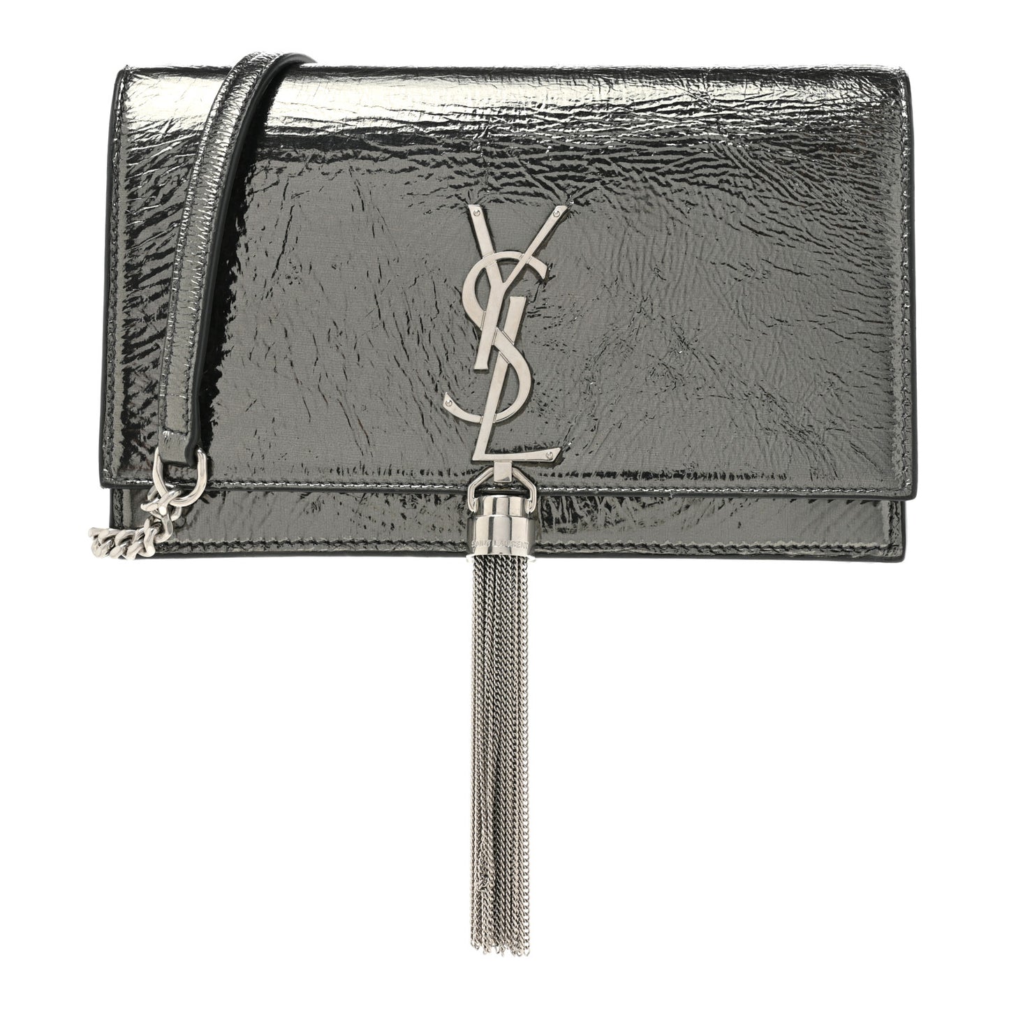 Metallic Crackled Calfskin Kate Monogram Tassel Chain Wallet Antracite Black