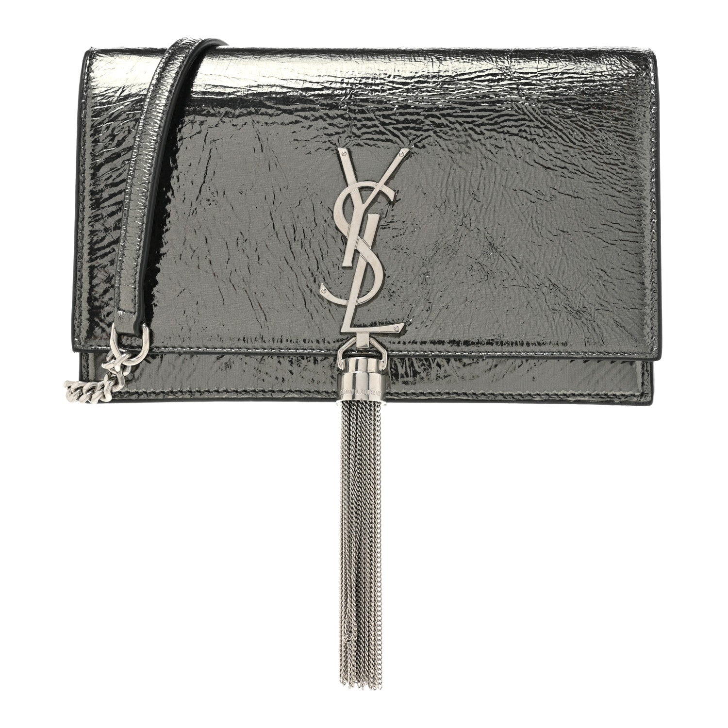 Saint Laurent Metallic Crackled Calfskin Kate Monogram Tassel Chain Wallet Antracite Black 1 of 20