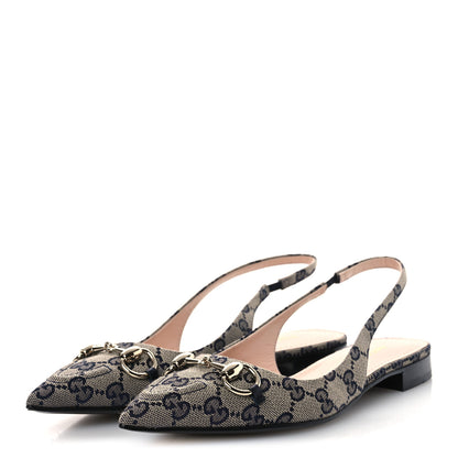 Gucci Monogram Horsebit Womens Slingback Ballet Flat 37.5 Beige Blue 4 of 11