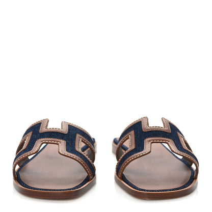 Hermes Calfskin Denim Oran Sandals 37 Bleu Brut Gold 2 of 9