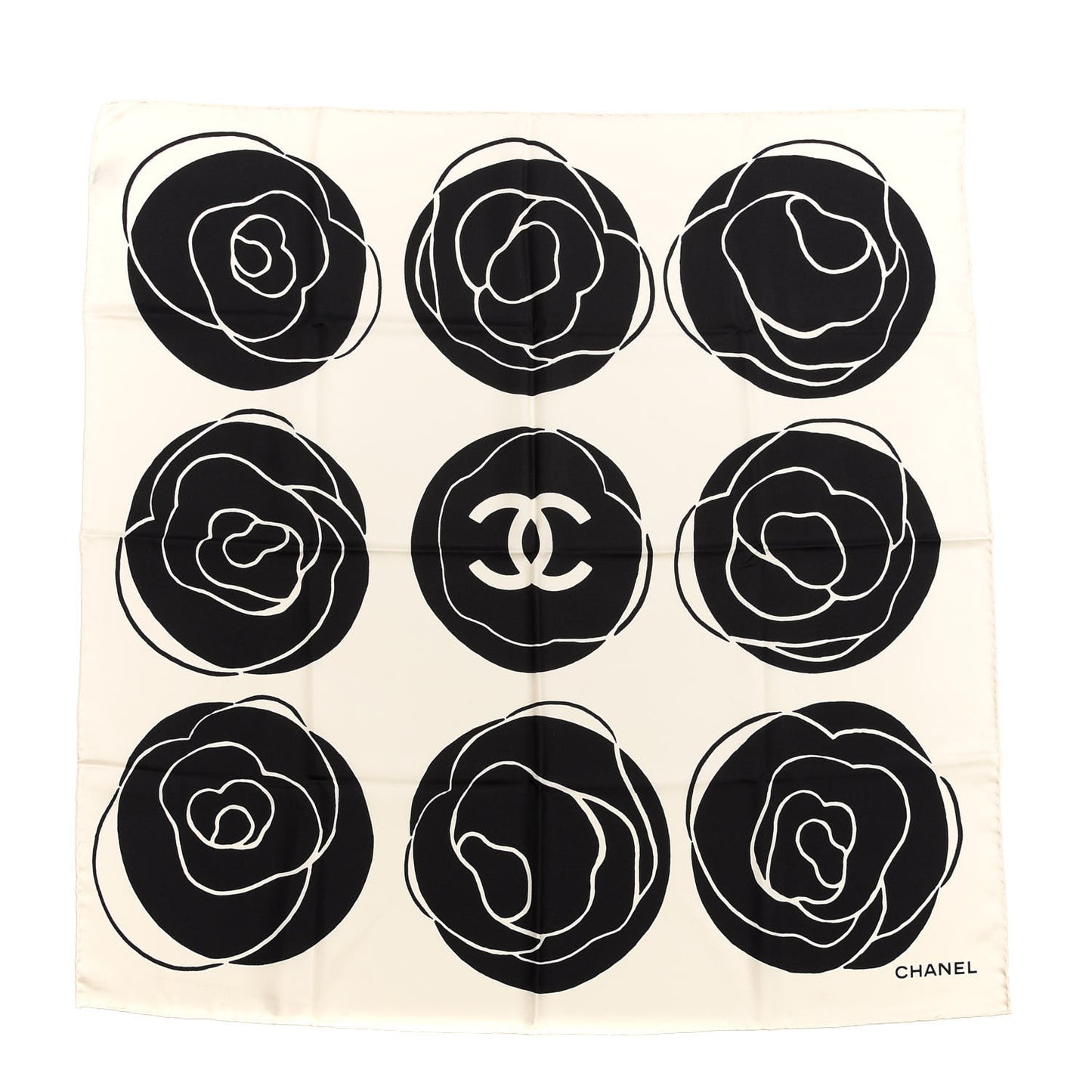 Silk CC Camellia Scarf Black White