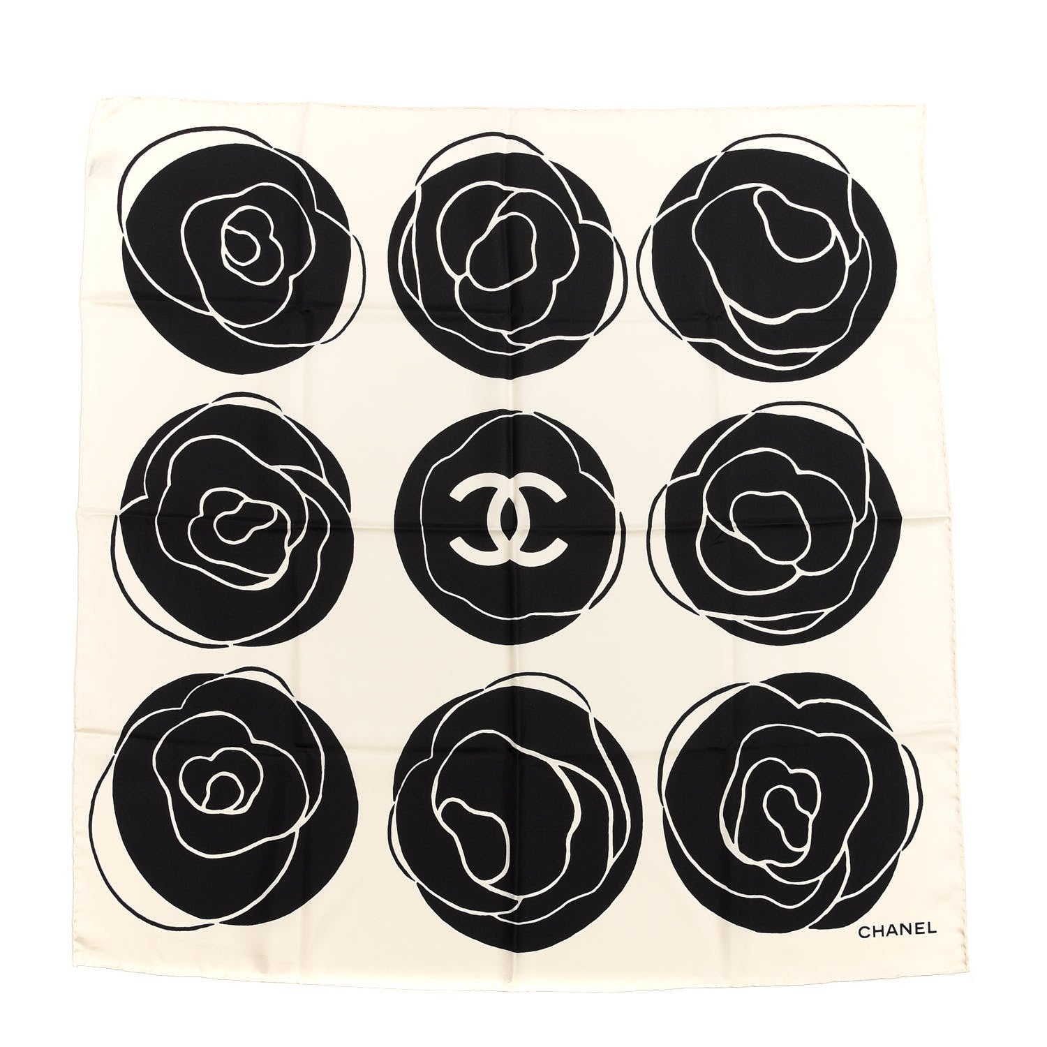 Chanel Silk CC Camellia Scarf Black White 1 of 3