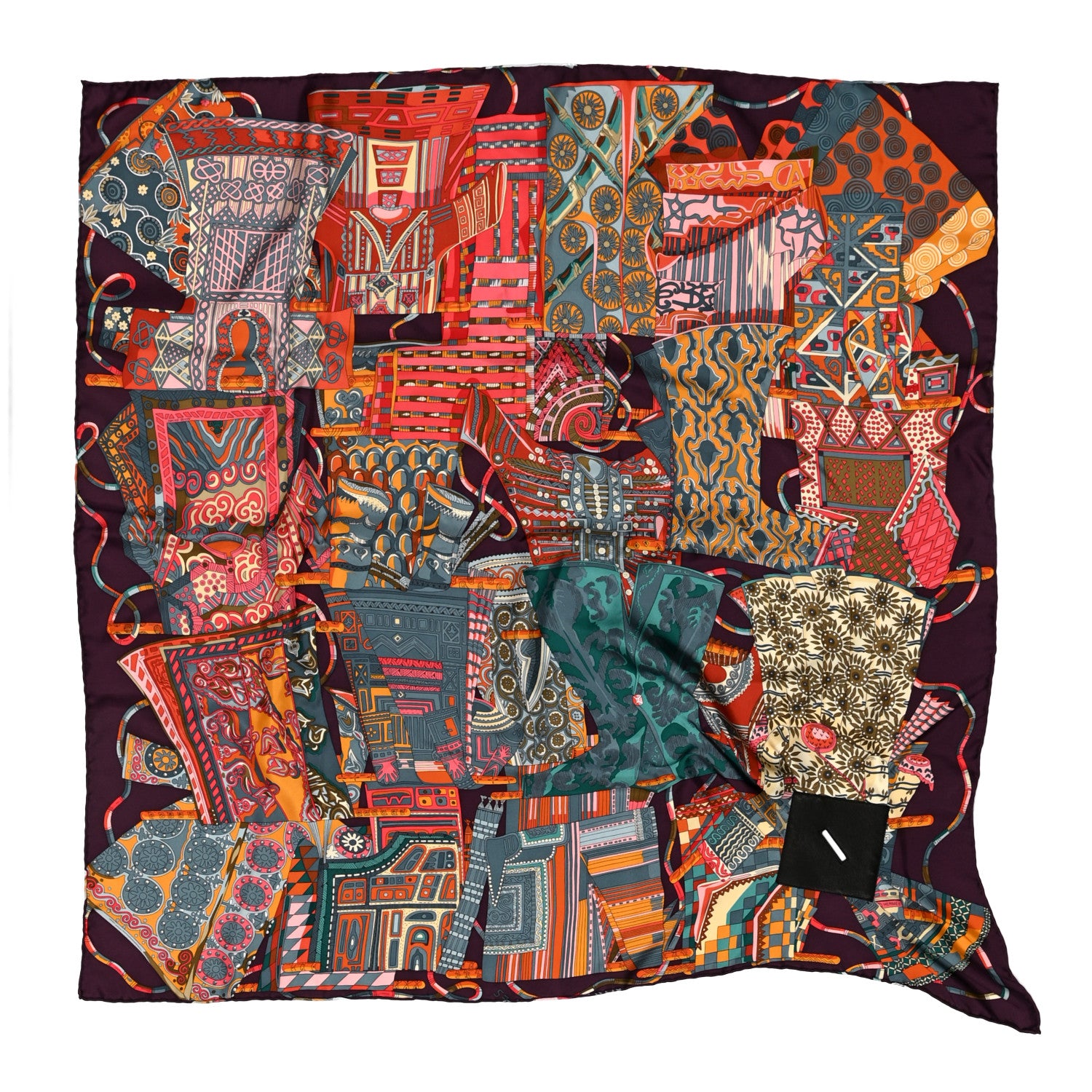 Hermes Silk Voyage En Etoffes Scarf 90 Aubergine Jaune D Or Vert 1 of 4