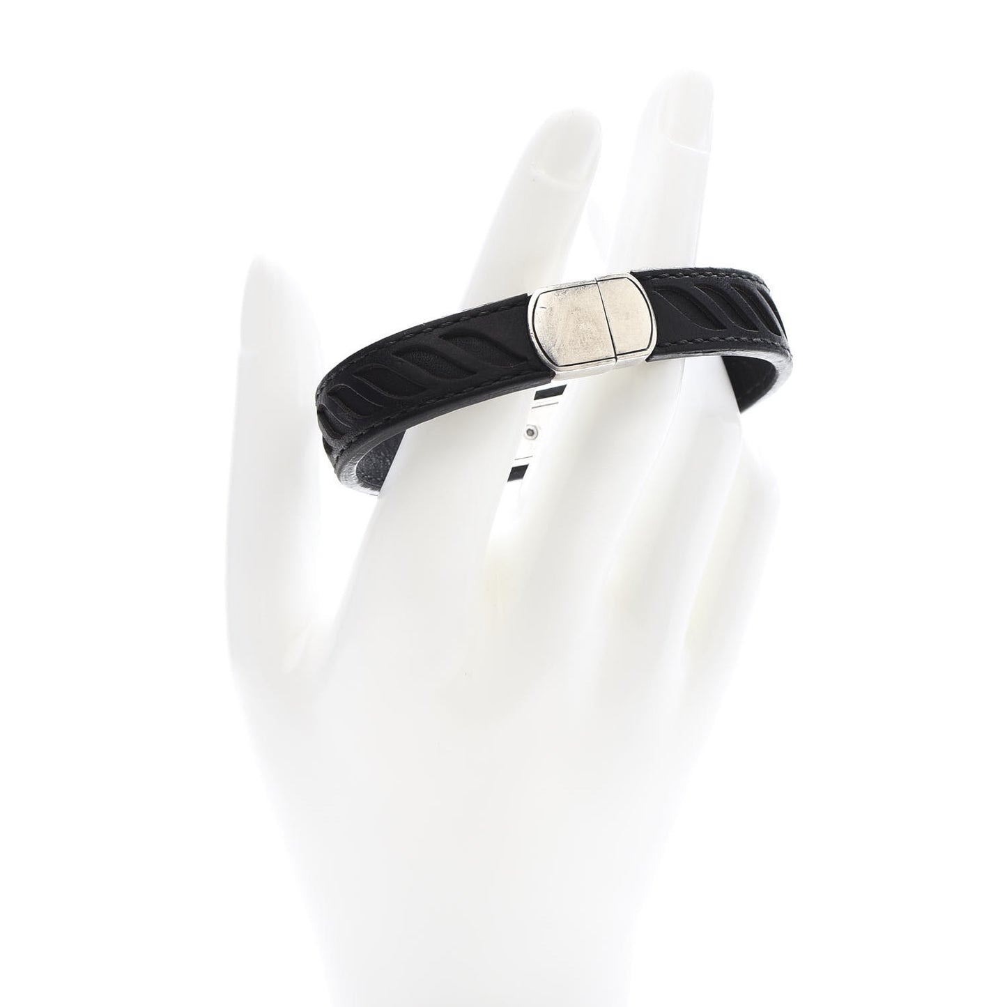 Sterling Silver Leather Mens Cable ID Bracelet Black