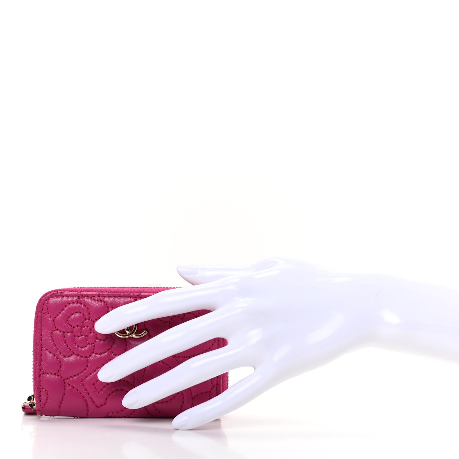 Chanel Lambskin Camellia Embossed Zip Coin Purse Fuchsia 2 of 7