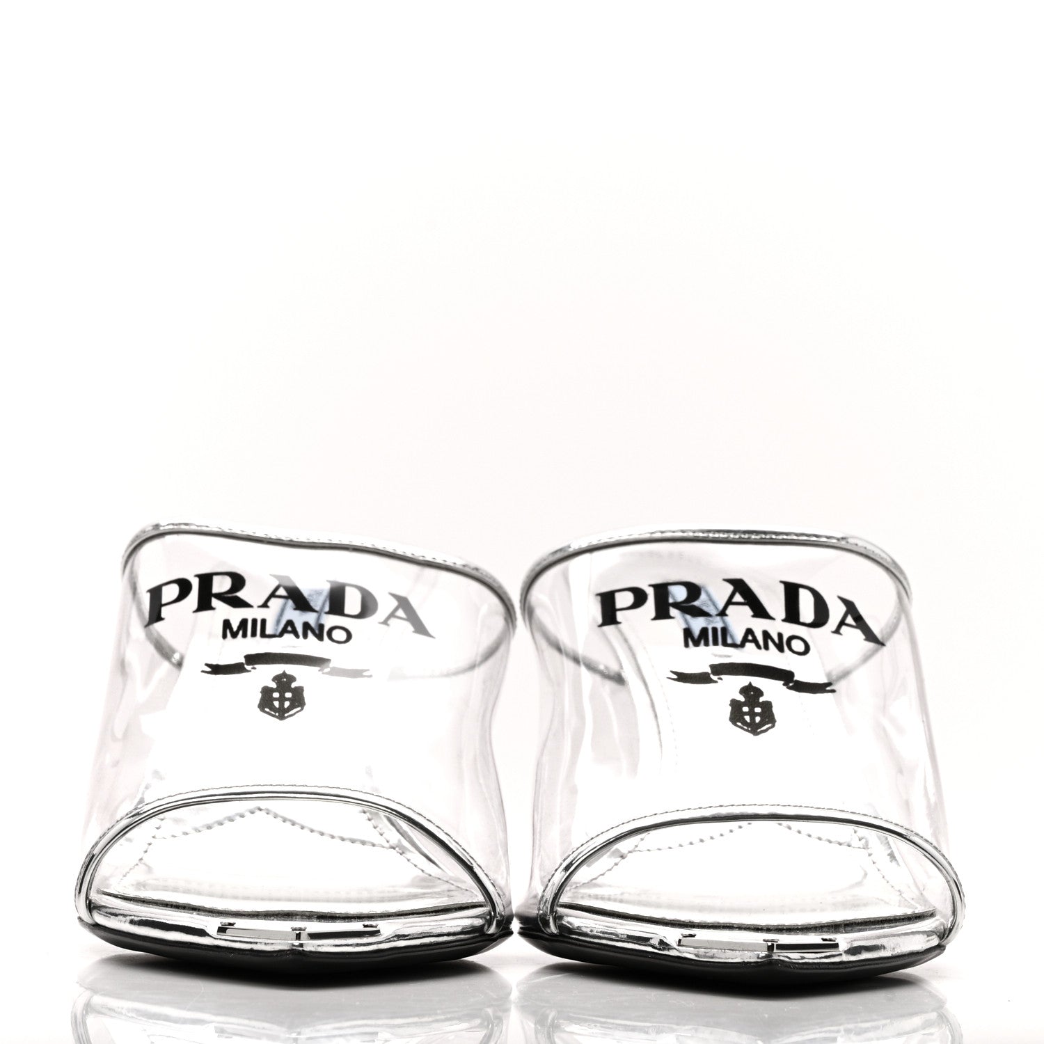 Prada Plexiglass Metallic Calfskin Metal Triangle Logo 75mm Slide Sandals 40.5 Argento 3 of 10