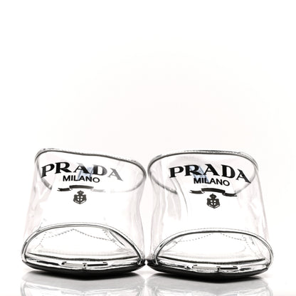 Prada Plexiglass Metallic Calfskin Metal Triangle Logo 75mm Slide Sandals 40.5 Argento 3 of 10