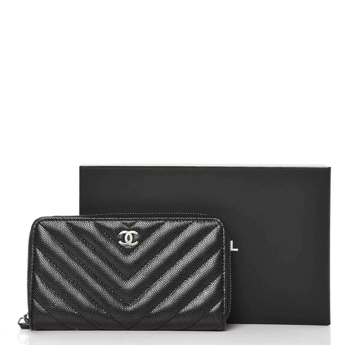 Iridescent Caviar Chevron Quilted Small Zip Around Wallet Black