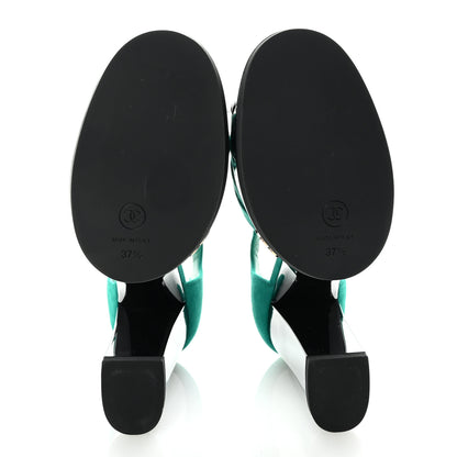 Chanel Suede Kidskin Patent Calfskin CC Platform Pumps 37.5 Green Black 6 of 10