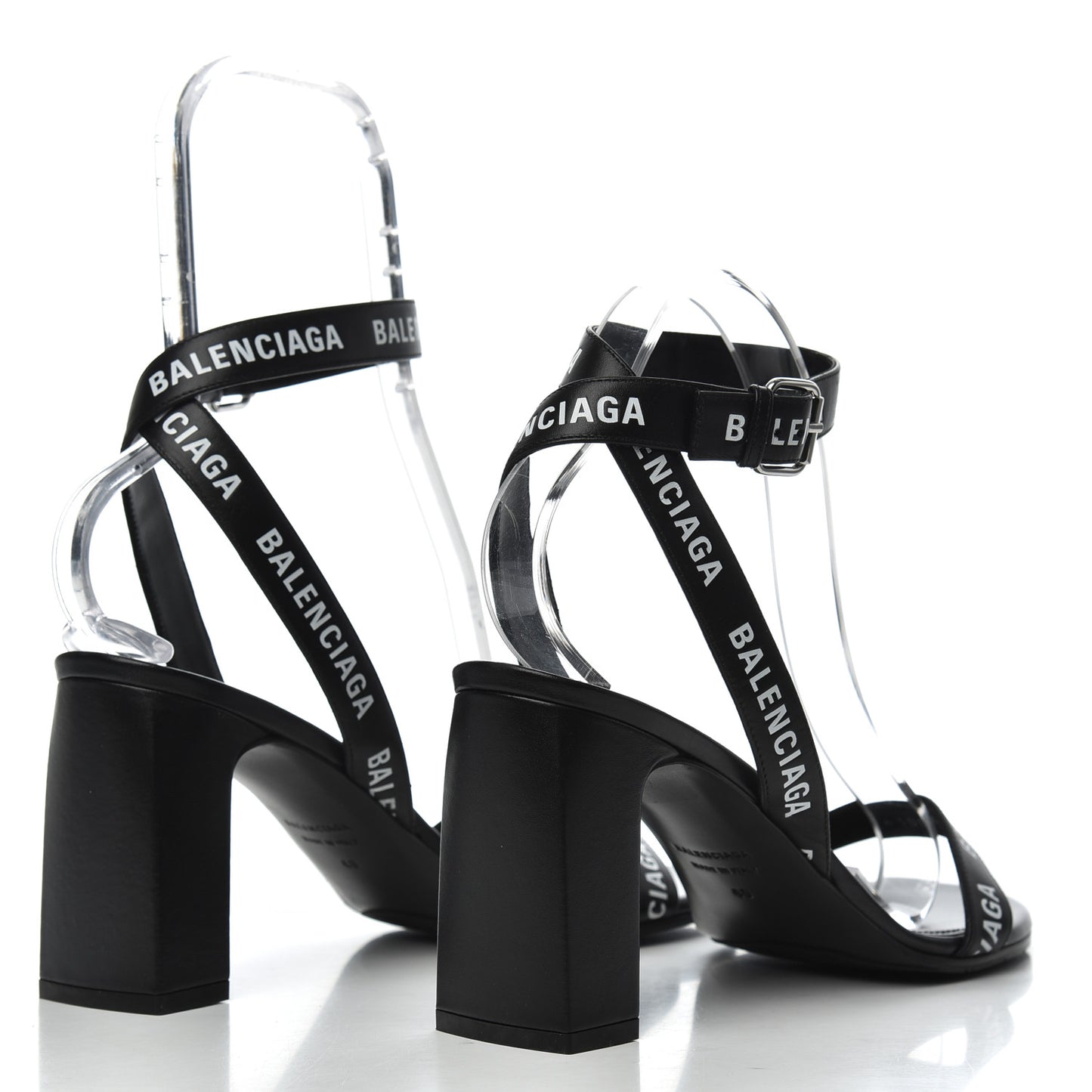 Calfskin Allover Logo Ankle Strap Round Heel 80mm Sandals 40 Black White