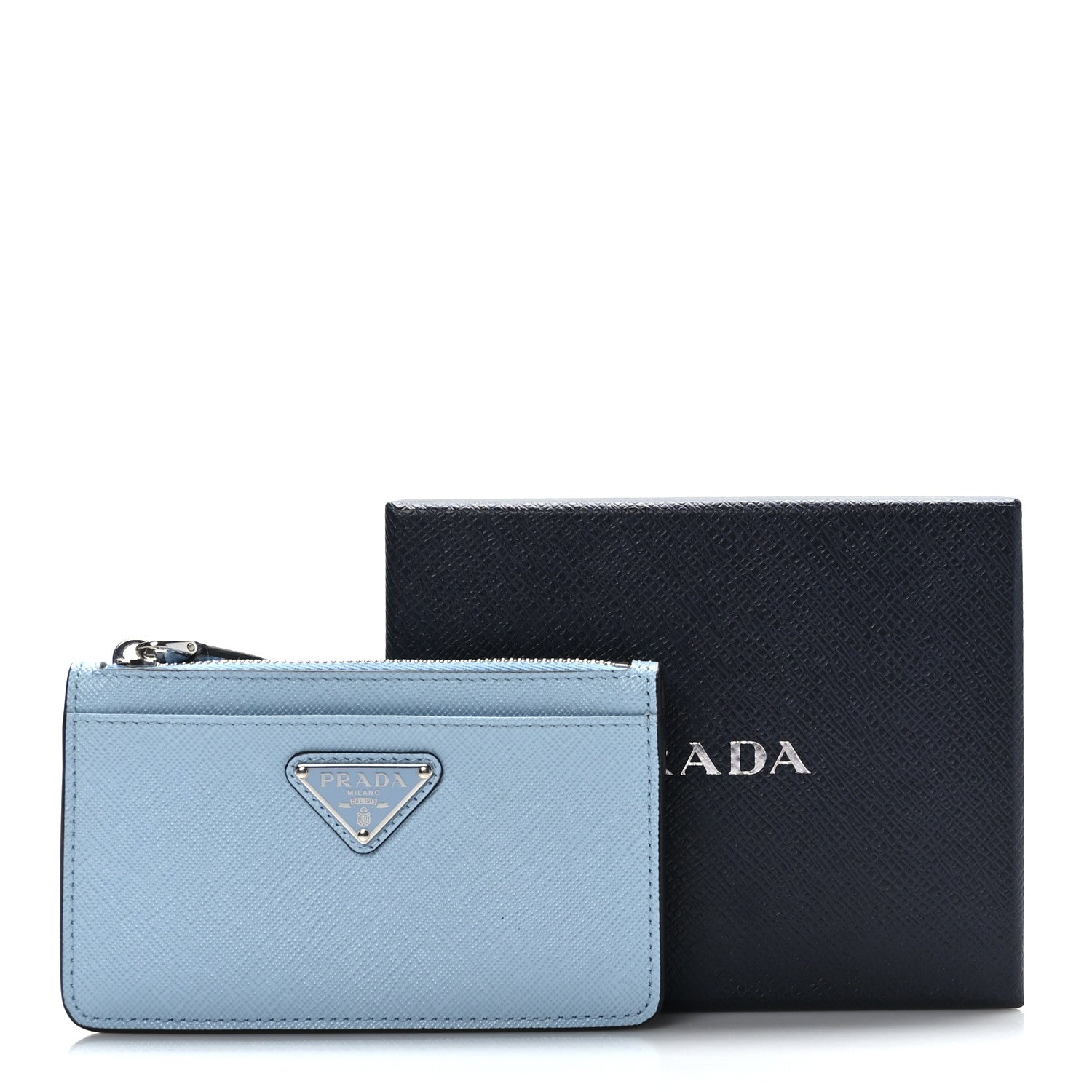 Prada Saffiano Triangle Zip Card Holder Celeste 1359042 – FASHIONPHILE