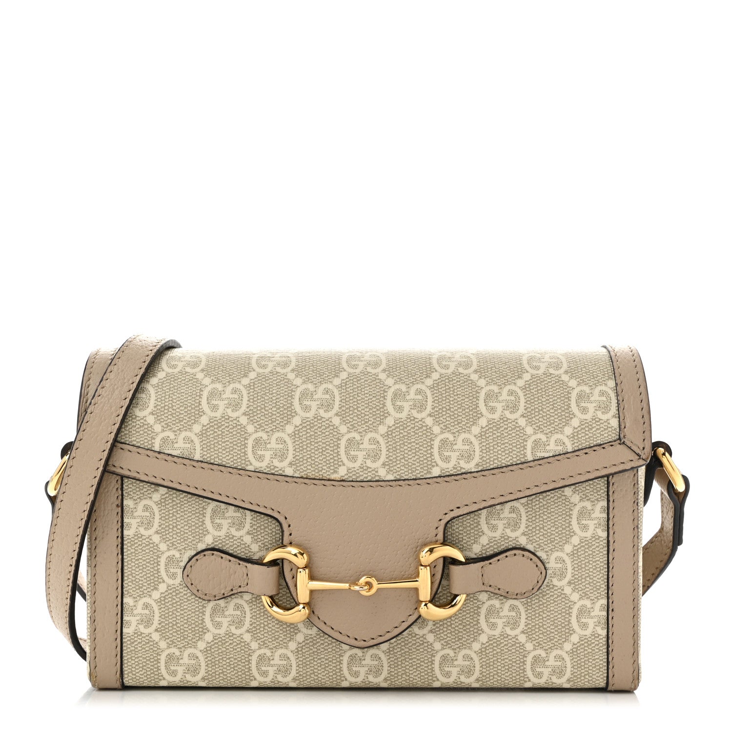Gucci GG Supreme Monogram Textured Dollar Calfskin Mini Horsebit 1955 Shoulder Bag Beige Mystic White Oatmeal 1 of 12
