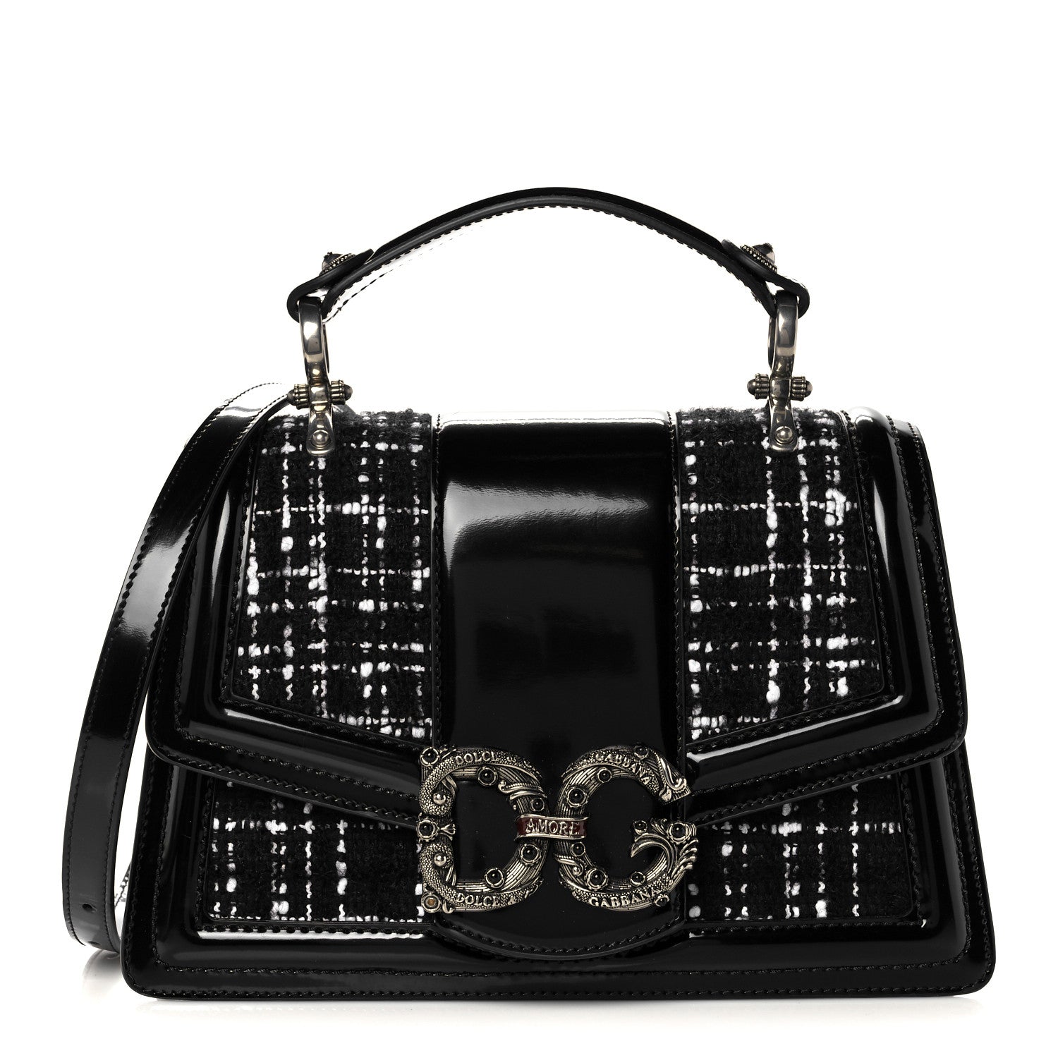 Dolce & Gabbana Polished Calfskin Tweed DG Amore Envelope Bag Black 1 of 16